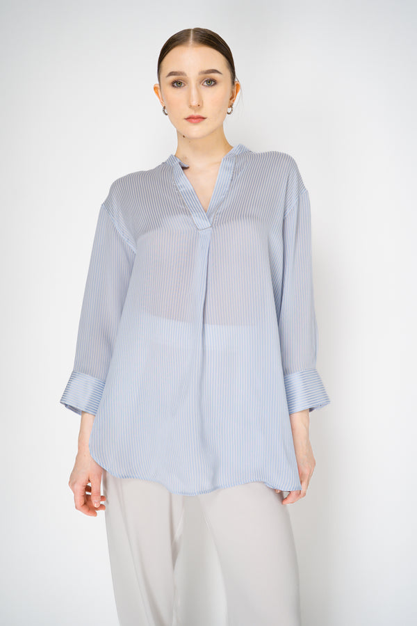 Fabiana Filippi Silk Viscose V-Neck Striped Blouse in White and Blue Vancouver. Shop Online or in Store.