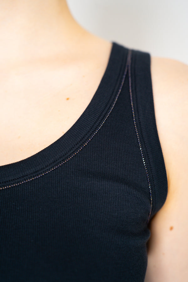 Fabiana Filippi Stretch Cotton Ribbed Tank Top with Brilliant Beading Contouring in Navy Vancouver. Shop Online or in Store.