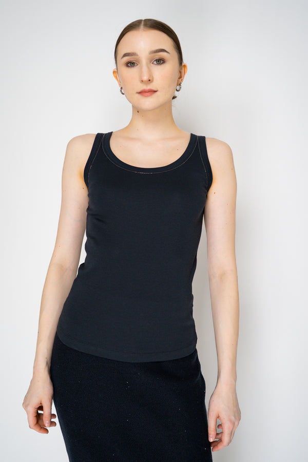 Fabiana Filippi Stretch Cotton Ribbed Tank Top with Brilliant Beading Contouring in Navy Vancouver. Shop Online or in Store.