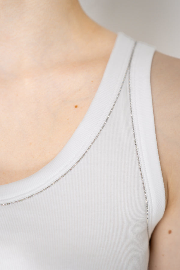 Fabiana Filippi Stretch Cotton Ribbed Tank Top with Brilliant Beading Contouring in White Vancouver. Shop Online or in Store.