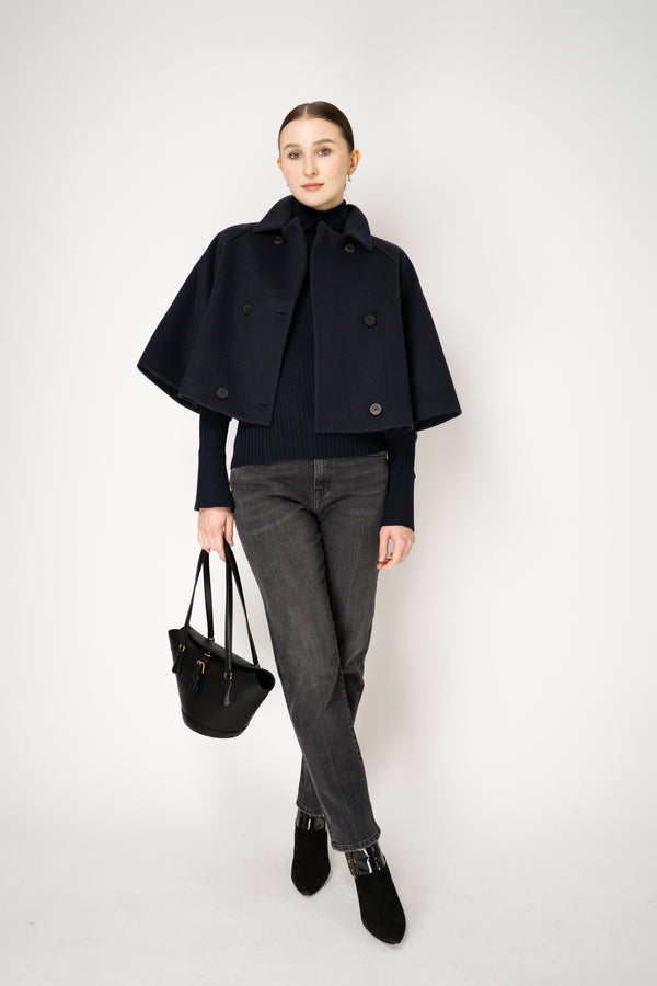 Fabiana Filippi Virgin Wool Cropped Bell Shaped Coat in Navy Vancouver. Shop Online or in Store.