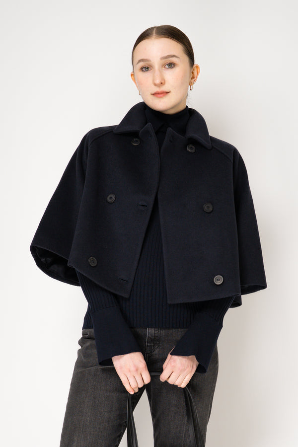 Fabiana Filippi Virgin Wool Cropped Bell Shaped Coat in Navy Vancouver. Shop Online or in Store.