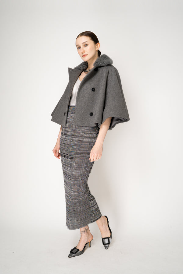 Fabiana Filippi Virgin Wool Cropped Bell Shaped Coat with Detachable Shearling NeckLine in Grey Vancouver. Shop Online or in Store.