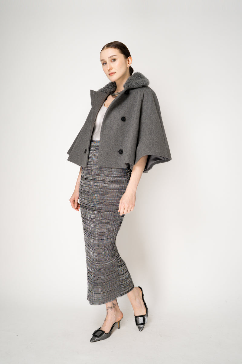 Fabiana Filippi Virgin Wool Cropped Bell Shaped Coat with Detachable Shearling NeckLine in Grey Vancouver. Shop Online or in Store.