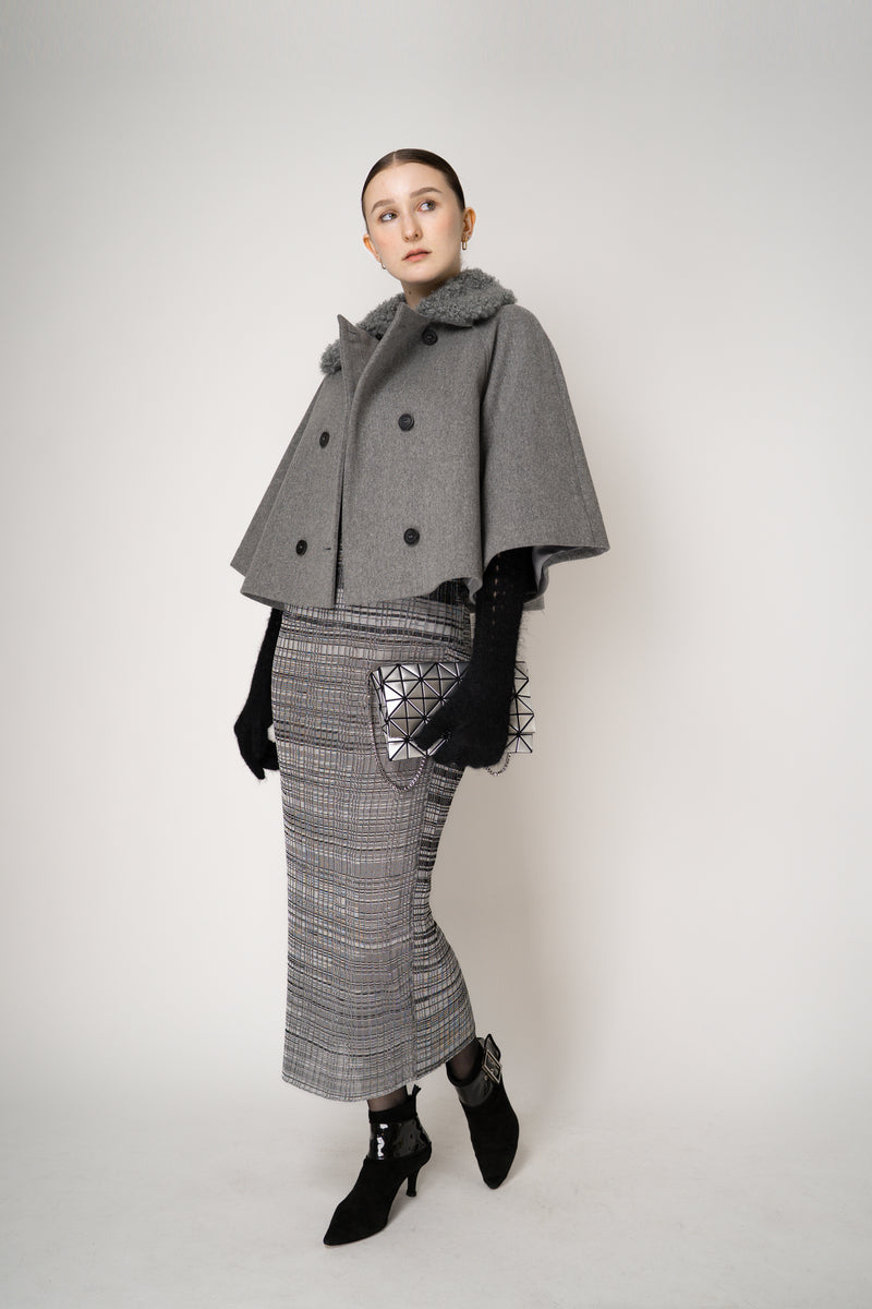 Fabiana Filippi Virgin Wool Cropped Bell Shaped Coat with Detachable Shearling NeckLine in Grey Vancouver. Shop Online or in Store.