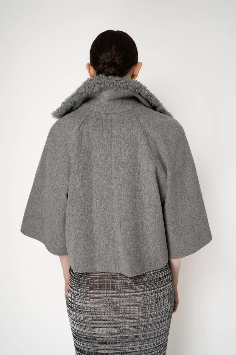 Fabiana Filippi Virgin Wool Cropped Bell Shaped Coat with Detachable Shearling NeckLine in Grey Vancouver. Shop Online or in Store.