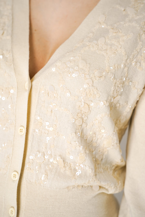 Fabiana Filippi Virgin Wool V-Neck Cardigan with Front Sequin Appliqué in Cream Vancouver. Shop Online or in Store.