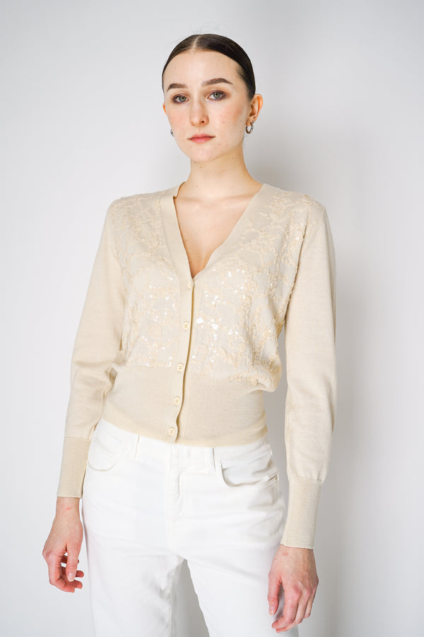 Fabiana Filippi Virgin Wool V-Neck Cardigan with Front Sequin Appliqué in Cream Vancouver. Shop Online or in Store.