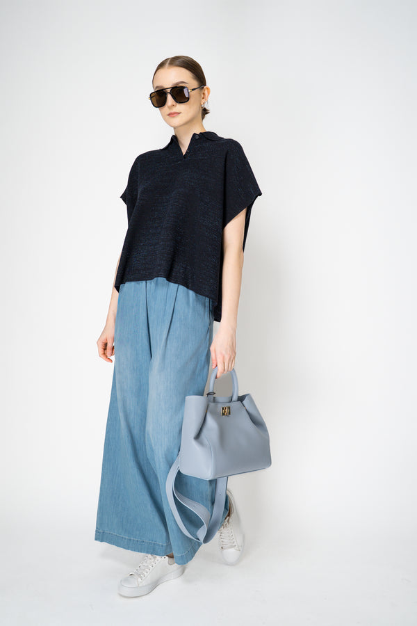 Fabiana Filippi Viscose Knit Polo Top with Lurex Details in Navy Vancouver. Shop Online or in Store.