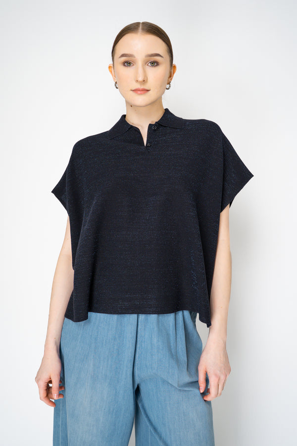 Fabiana Filippi Viscose Knit Polo Top with Lurex Details in Navy Vancouver. Shop Online or in Store.
