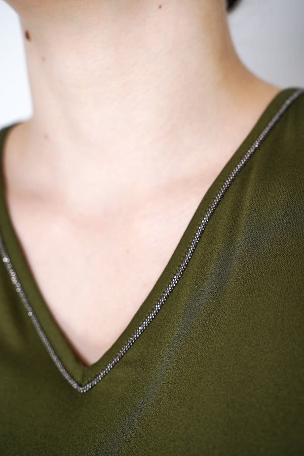 Fabiana Filippi Viscose Sablé Tank Top with Brilliant Beading Details in Loden Green Vancouver. Shop Online or in Store.