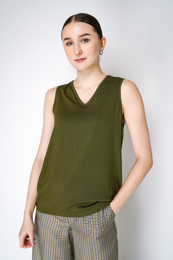 Fabiana Filippi Viscose Sablé Tank Top with Brilliant Beading Details in Loden Green Vancouver. Shop Online or in Store.