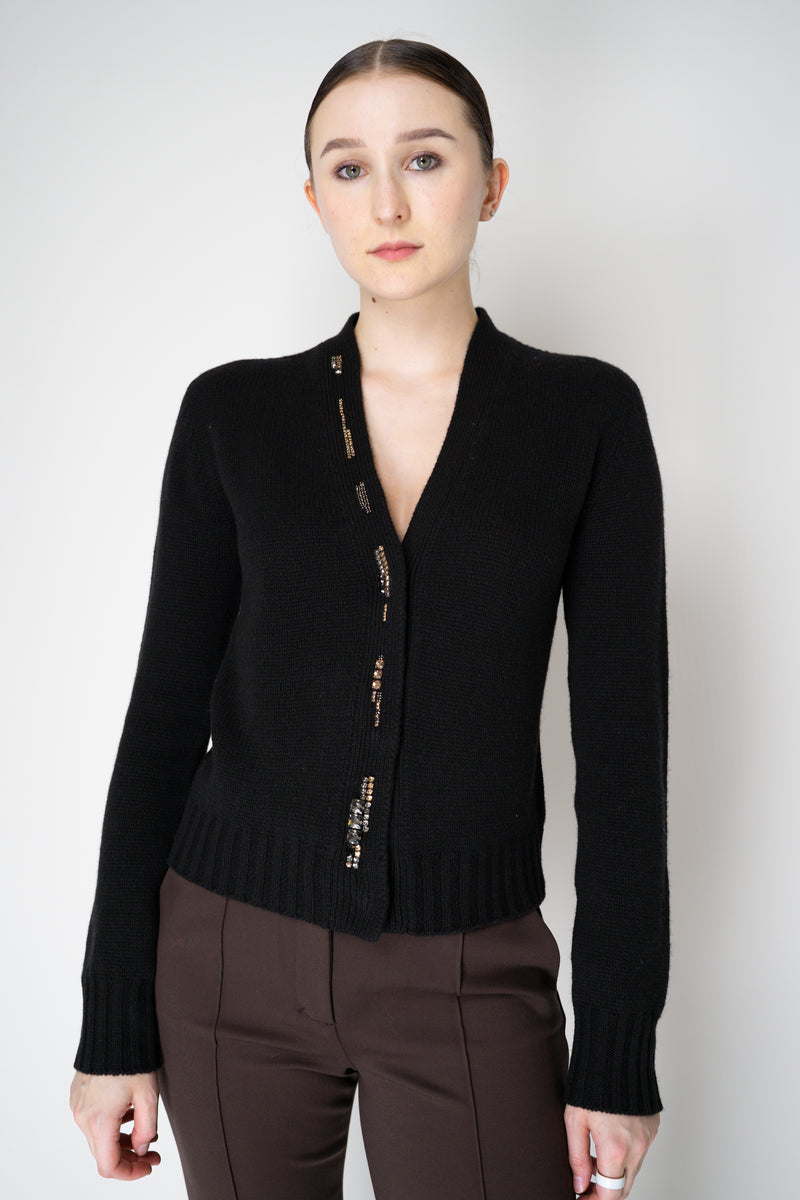 Fabiana Filippi Wool Cashmere Knit Cardigan with Embellished Jewel Trim in Black Vancouver. Shop Online or in Store.