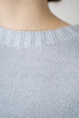 Fabiana Filippi Wool Cashmere Lurex 3/4 Sleeve Crew Neck Sweater in Platinum Light Blue Vancouver. Shop Online or in Store.