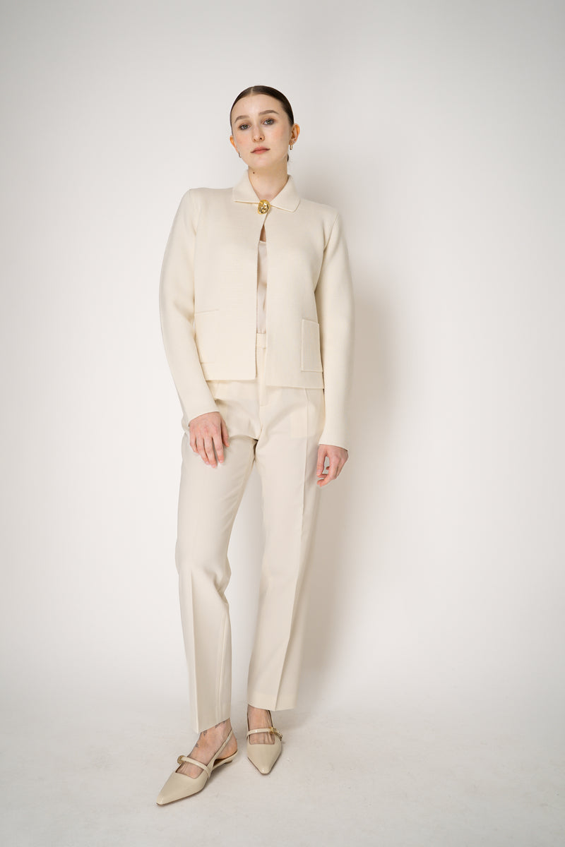 Fabiana Filippi Wool Stockinette Stitch Knit Open Front Cardigan in Ivory Vancouver. Shop Online or in Store.