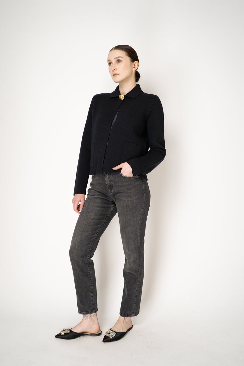 Fabiana Filippi Wool Stockinette Stitch Knit Open Front Cardigan in Navy Vancouver. Shop Online or in Store.