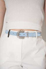 Gavazzeni Suede Belt with Crystal Buckle in Blue Vancouver. Shop Online or in Store.