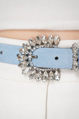 Gavazzeni Suede Belt with Crystal Buckle in Blue Vancouver. Shop Online or in Store.