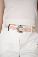 Gavazzeni Suede Belt with Crystal Buckle in Pink Vancouver. Shop Online or in Store.