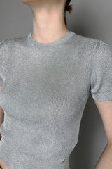 Herno Knitted Fluid Stretch Cropped T-shirt in Silver Lurex