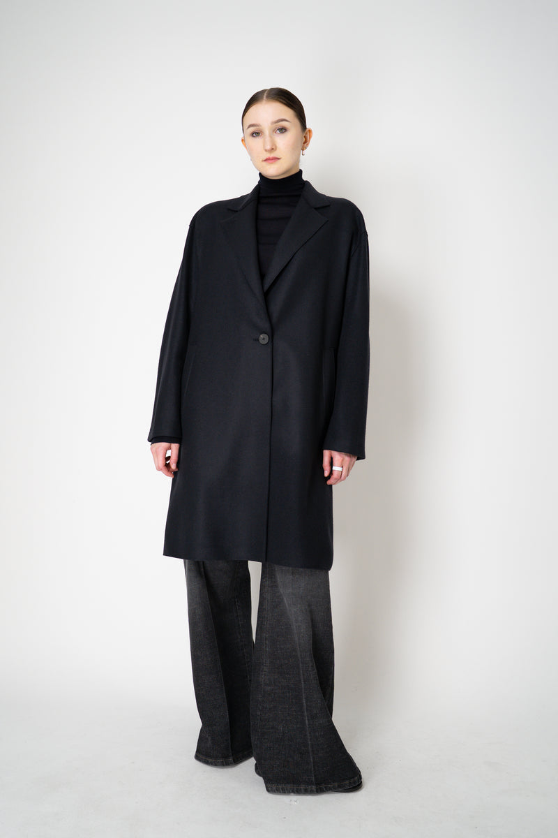 Harris Wharf London Cashmere Blend Oversized Flannel Coat in Dark Navy Vancouver. Shop Online or in Store.)