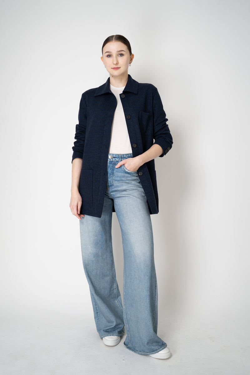 Harris Wharf London Chore Flannel Shirt Jacket in Dark Blue Houndstooth Print Vancouver. Shop Online or in Store.)