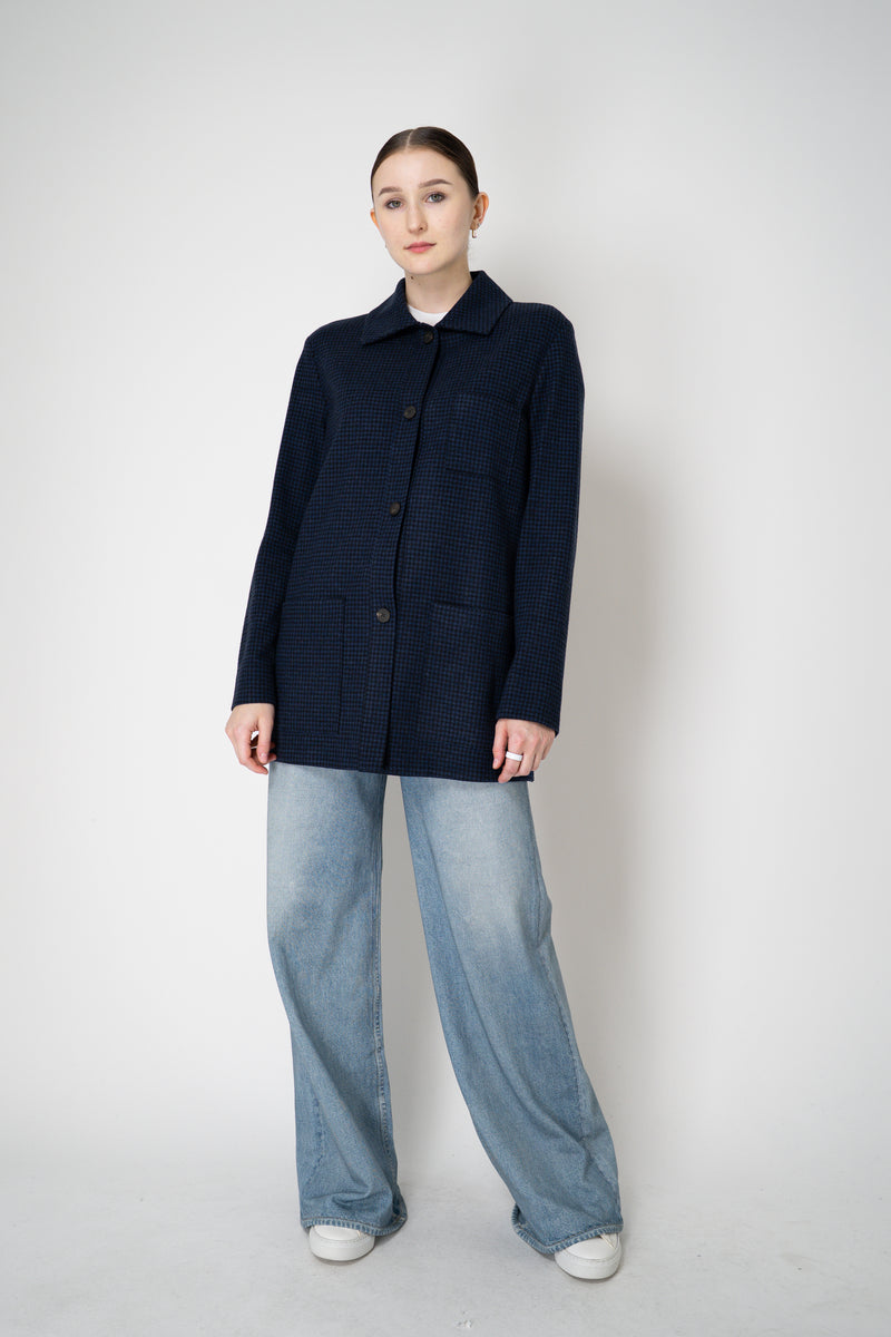 Harris Wharf London Chore Flannel Shirt Jacket in Dark Blue Houndstooth Print Vancouver. Shop Online or in Store.)