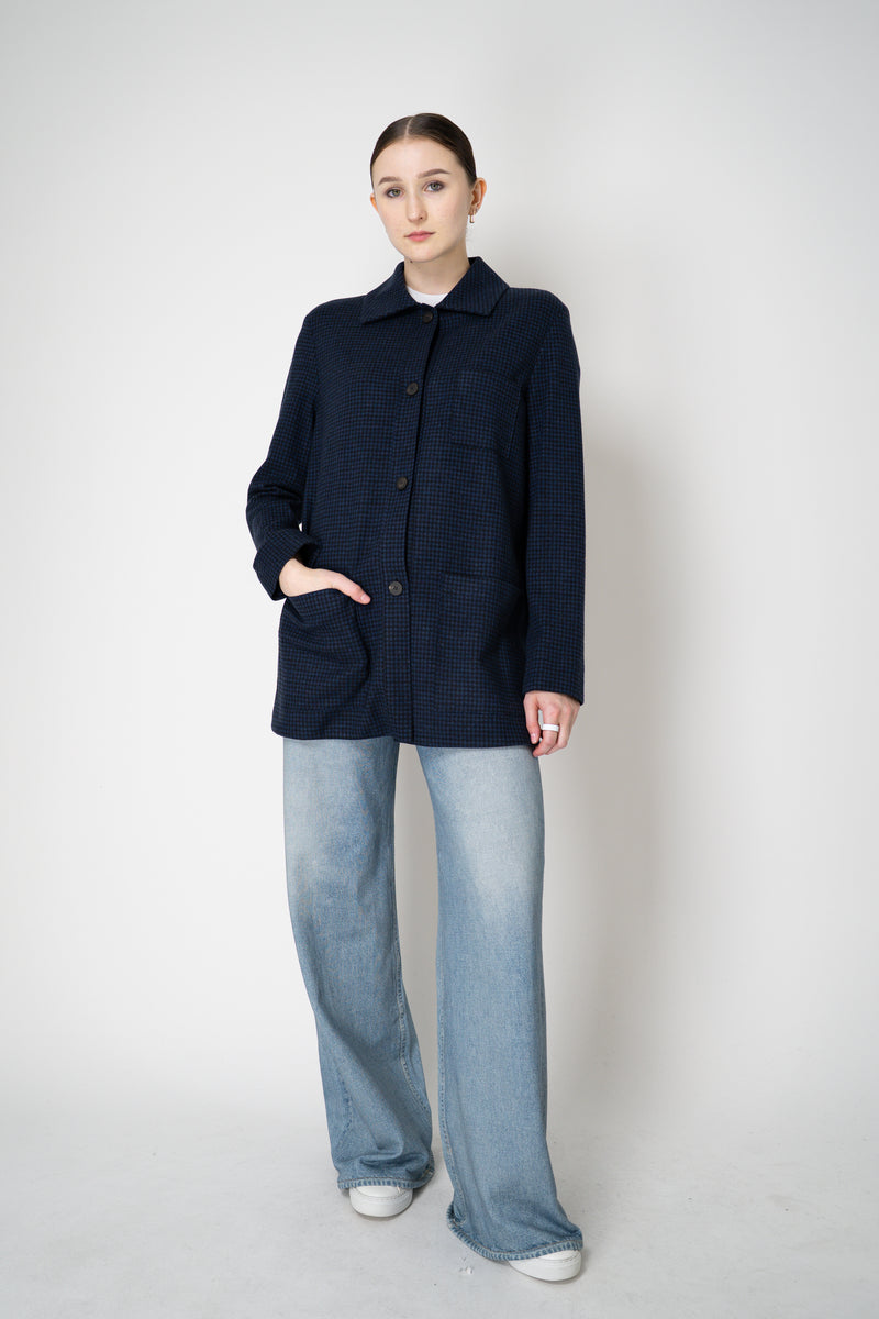 Harris Wharf London Chore Flannel Shirt Jacket in Dark Blue Houndstooth Print Vancouver. Shop Online or in Store.)