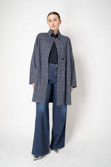 Harris Wharf London Loro Piana Raglan Sleeve Coat in Navy Grey Plaid Vancouver. Shop Online or in Store.