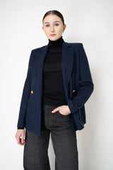 Harris Wharf London Stretch Knit Blazer in Dark Blue Herringbone Print Vancouver. Shop Online or in Store.)