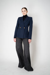 Harris Wharf London Stretch Knit Blazer in Dark Blue Herringbone Print Vancouver. Shop Online or in Store.)