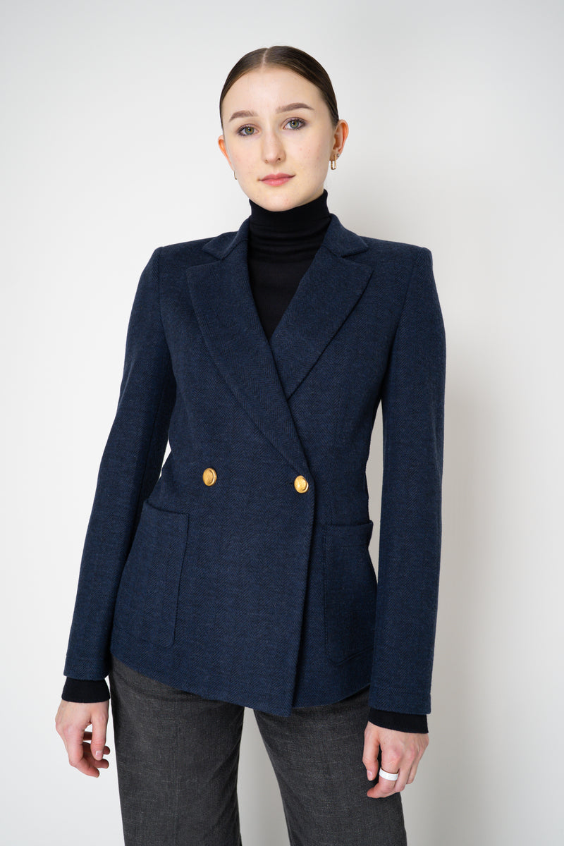 Harris Wharf London Stretch Knit Blazer in Dark Blue Herringbone Print Vancouver. Shop Online or in Store.)