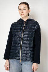 Herno A-line Quilted Padded Jacket with Stretch Knit Sleeves and Back in Navy Vancouver. Shop Online or in Store.