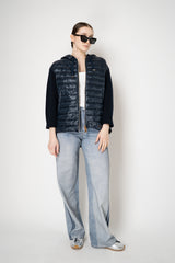 Herno A-line Quilted Padded Jacket with Stretch Knit Sleeves and Back in Navy Vancouver. Shop Online or in Store.