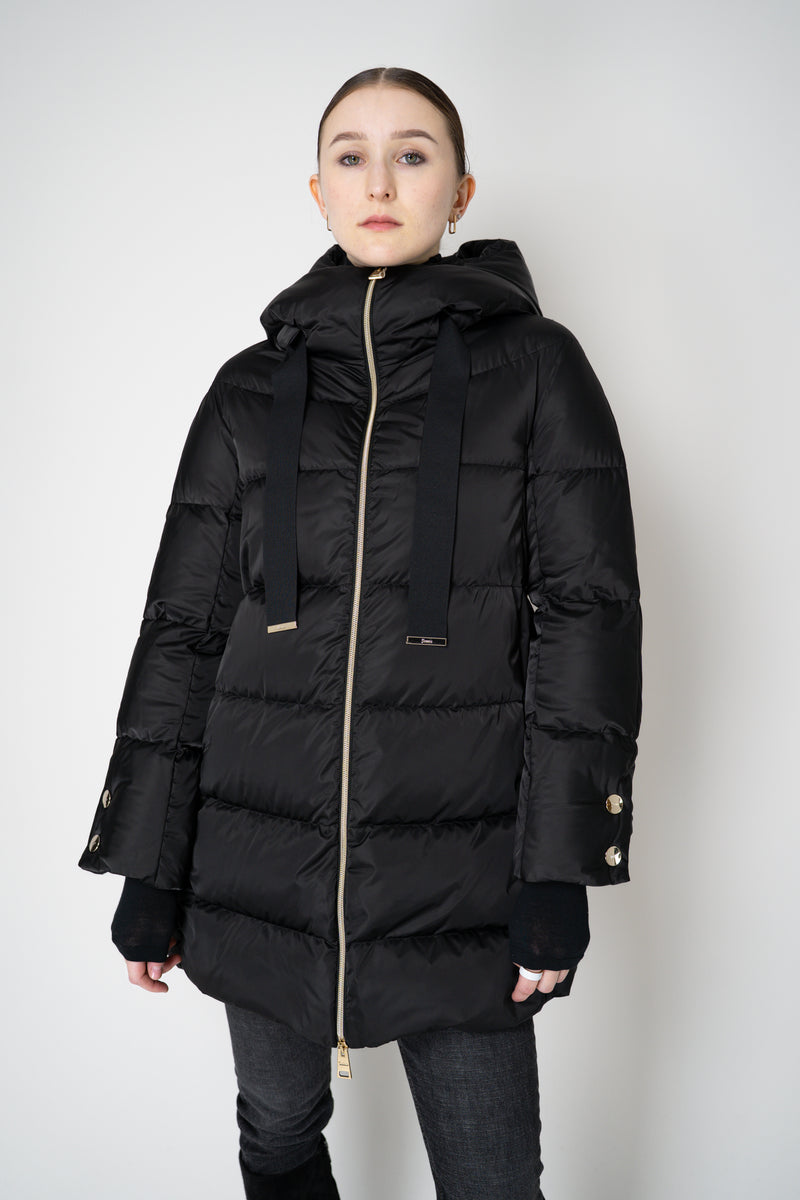 Herno A-line Satin Finish Hooded Coat in Black Vancouver. Shop Online or in Store.