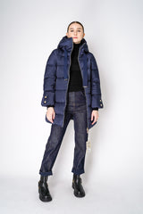 Herno A-line Satin Finish Hooded Jacket in Navy Vancouver. Shop Online or in Store.