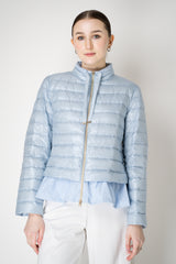 Herno Cropped Goose Down Padded Jacket with Techno Stretch Ruffle Trim in Dusty Blue Vancouver. Shop Online or in Store.