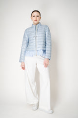 Herno Cropped Goose Down Padded Jacket with Techno Stretch Ruffle Trim in Dusty Blue Vancouver. Shop Online or in Store.