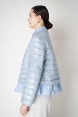 Herno Cropped Goose Down Padded Jacket with Techno Stretch Ruffle Trim in Dusty Blue Vancouver. Shop Online or in Store.