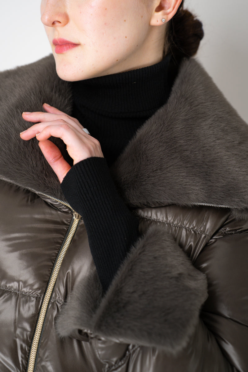 Herno Goose Down A-line Jacket with Faux Fur Neckline in Metal Grey Vancouver. Shop Online or in Store.