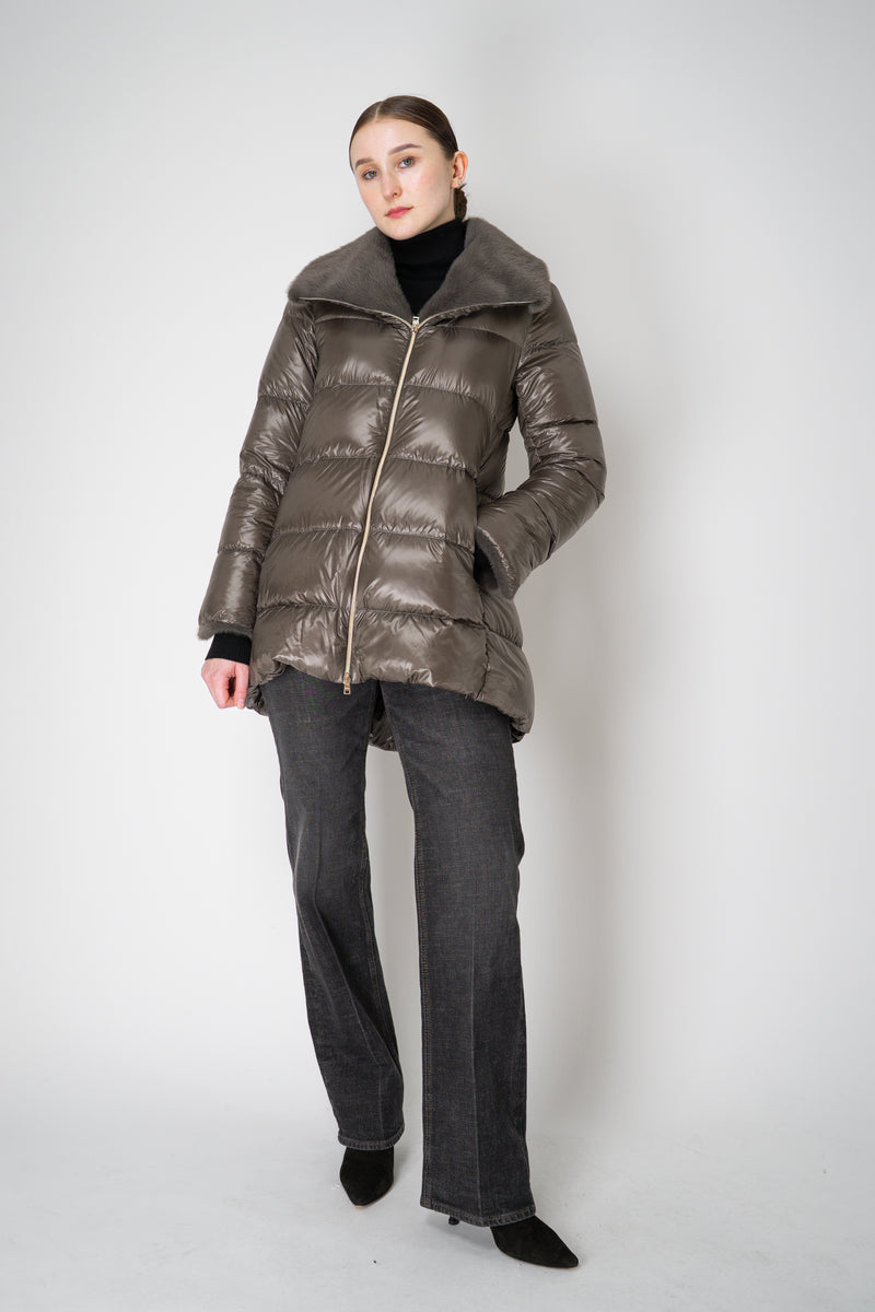 Herno Goose Down A-line Jacket with Faux Fur Neckline in Metal Grey Vancouver. Shop Online or in Store.