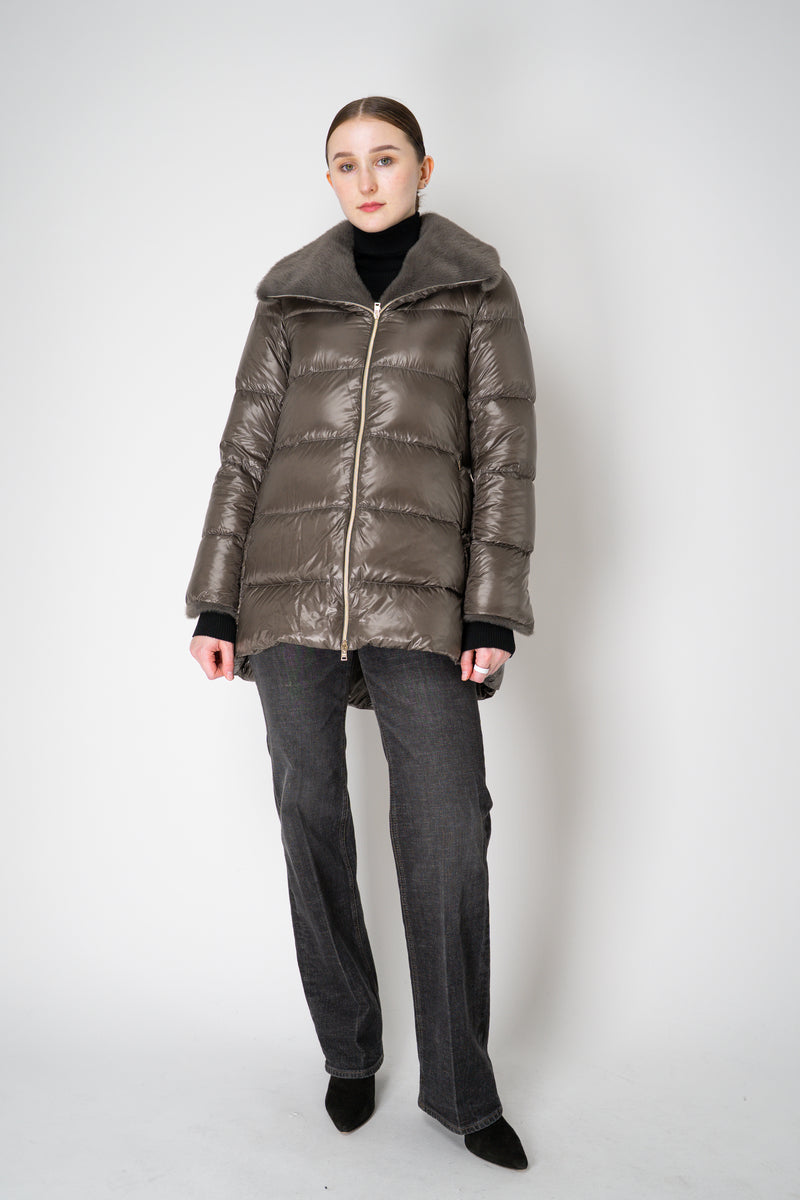Herno Goose Down A-line Jacket with Faux Fur Neckline in Metal Grey Vancouver. Shop Online or in Store.