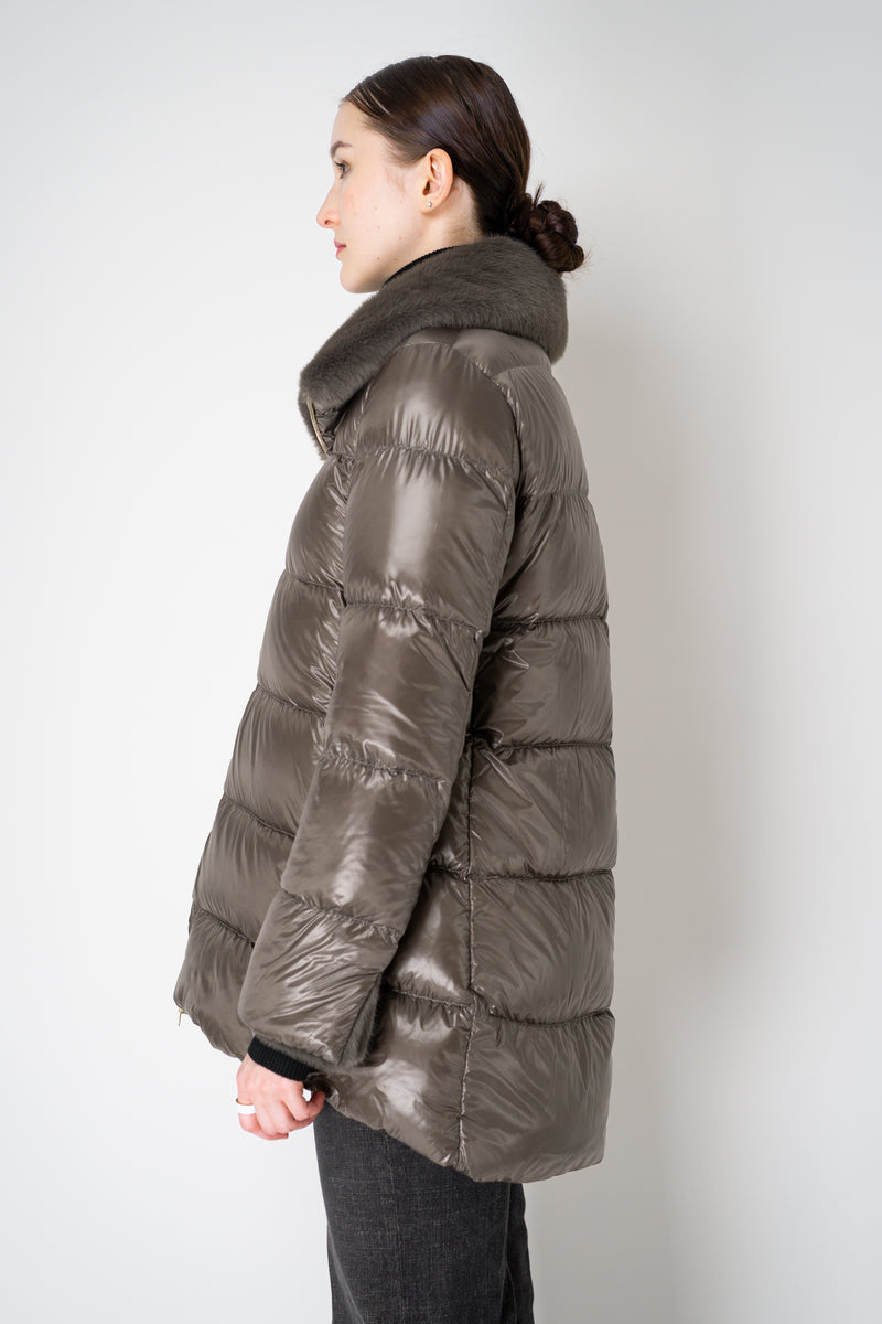 Herno Goose Down A-line Jacket with Faux Fur Neckline in Metal Grey Vancouver. Shop Online or in Store.