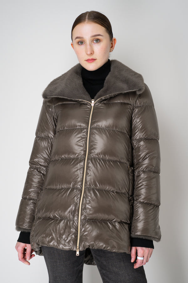 Herno Goose Down A-line Jacket with Faux Fur Neckline in Metal Grey Vancouver. Shop Online or in Store.
