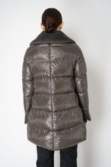 Herno Goose Down A-line Jacket with Faux Fur Neckline in Metal Grey Vancouver. Shop Online or in Store.