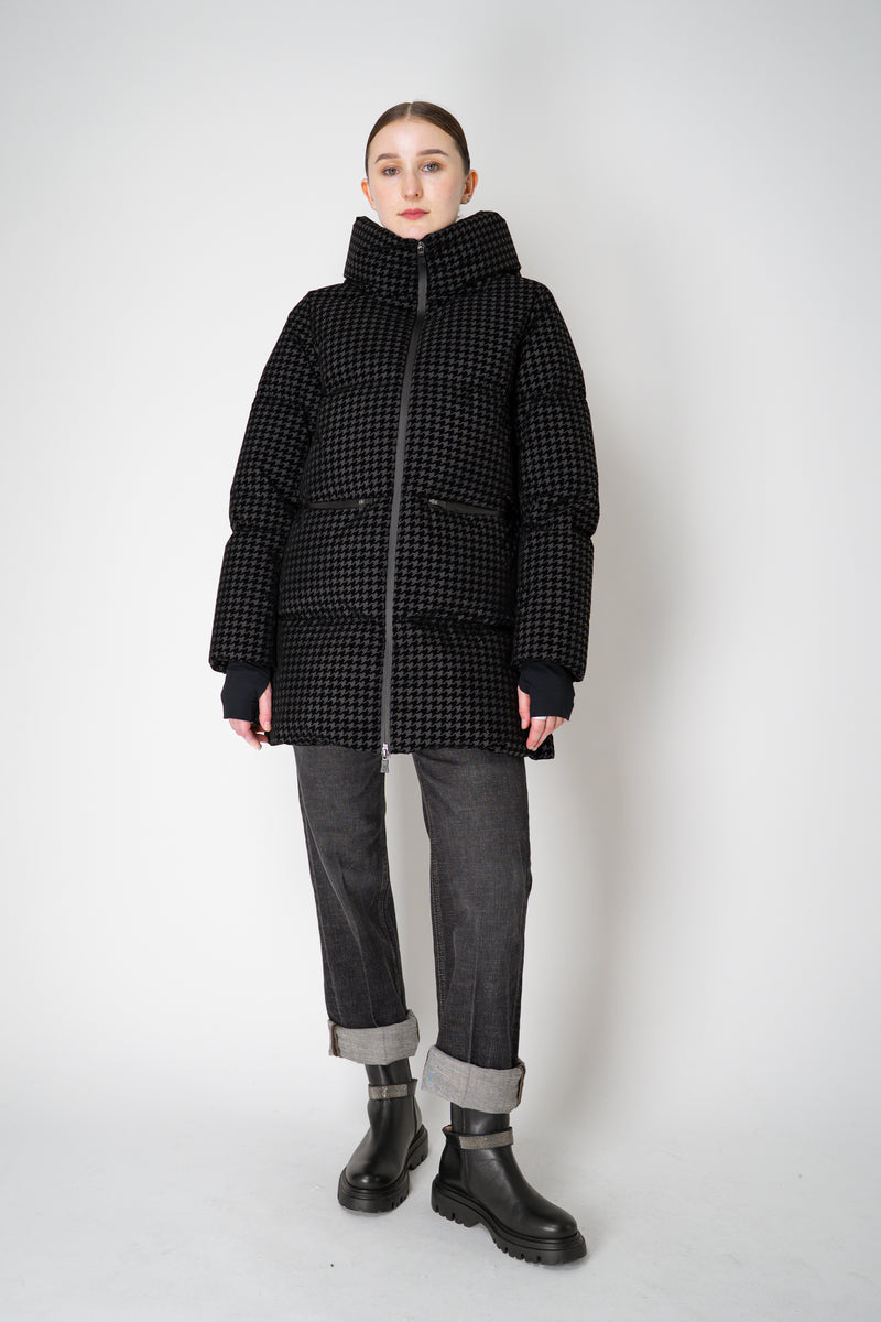 Herno High Neck 2-Layer Waterproof Hooded Coat in Black Technical Houndstooth Vancouver. Shop Online or in Store.