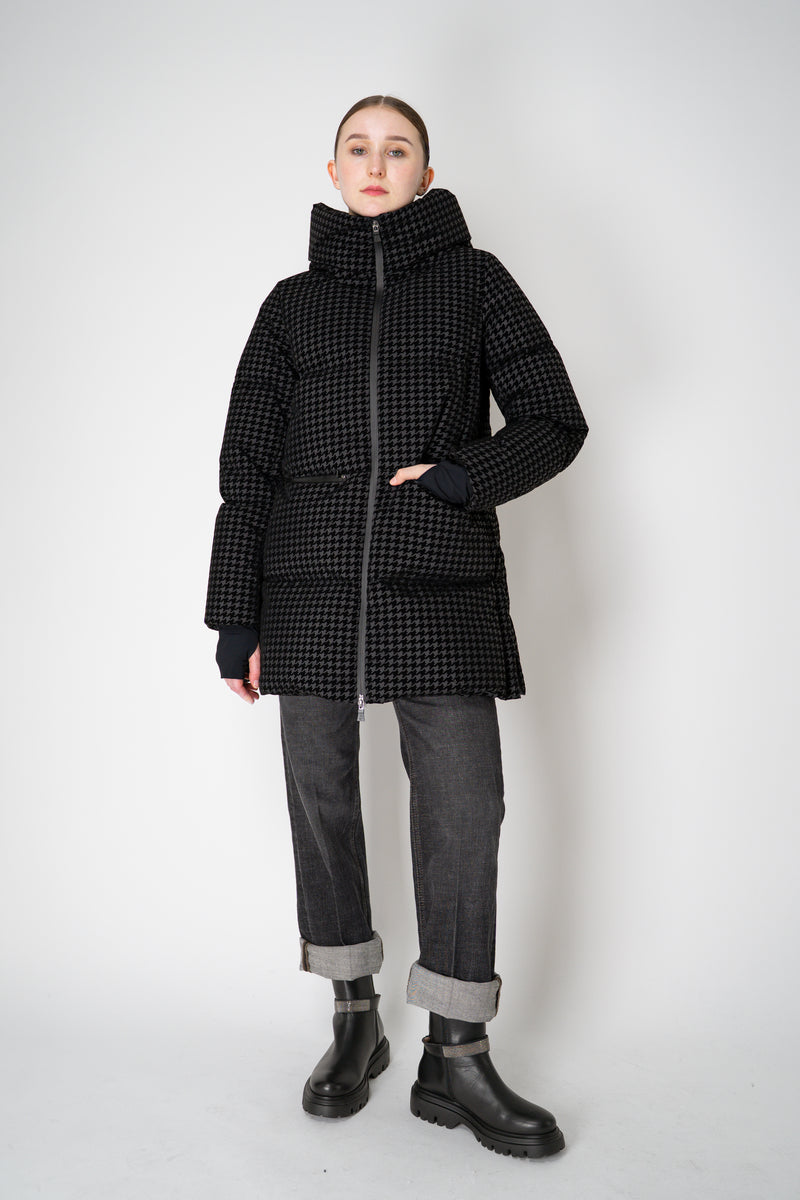 Herno High Neck 2-Layer Waterproof Hooded Coat in Black Technical Houndstooth Vancouver. Shop Online or in Store.