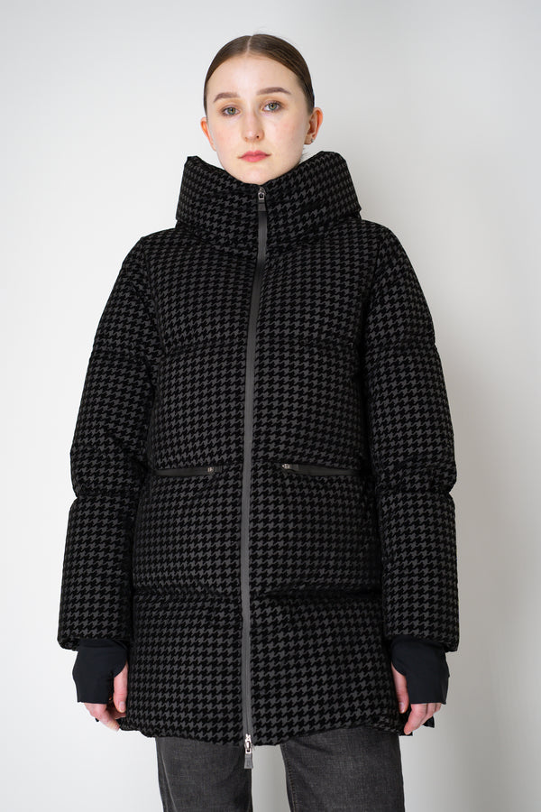 Herno High Neck 2-Layer Waterproof Hooded Coat in Black Technical Houndstooth Vancouver. Shop Online or in Store.
