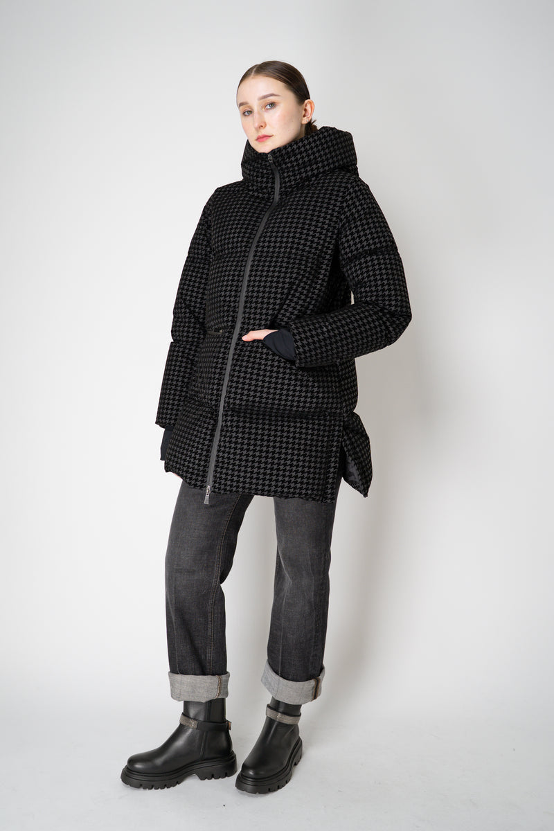 Herno High Neck 2-Layer Waterproof Hooded Coat in Black Technical Houndstooth Vancouver. Shop Online or in Store.