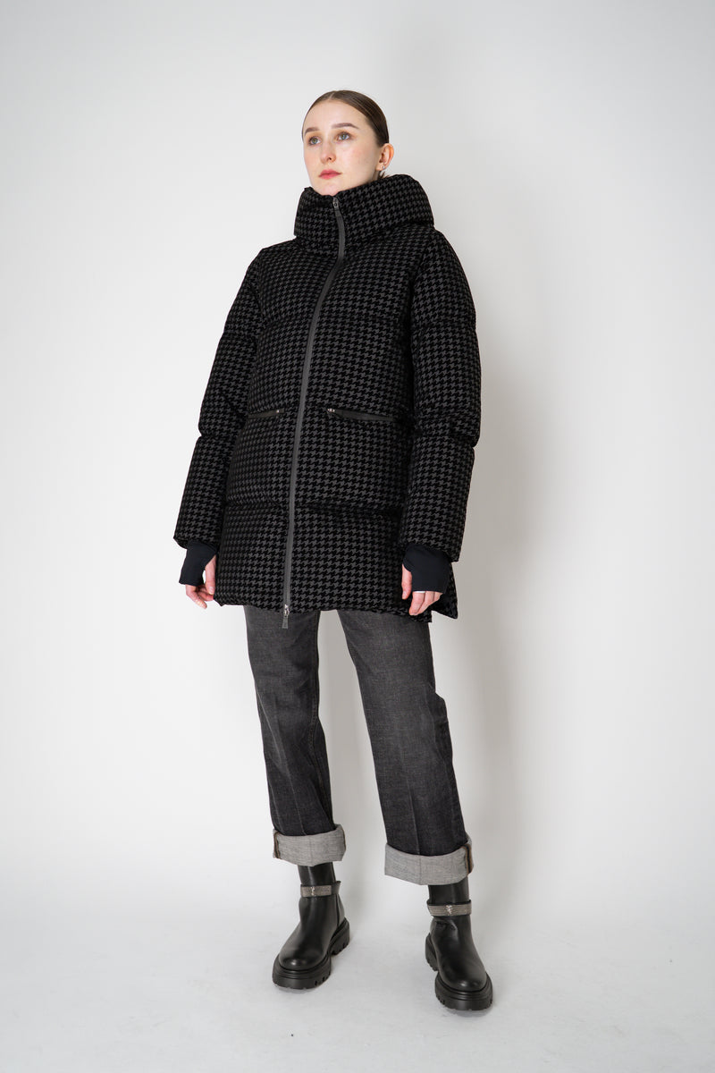 Herno High Neck 2-Layer Waterproof Hooded Coat in Black Technical Houndstooth Vancouver. Shop Online or in Store.